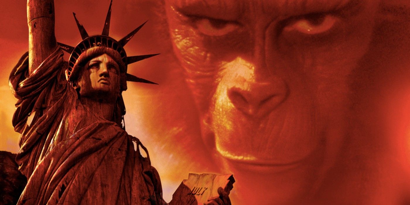 An ape stares intentity in the background with a shot of Statue of Liberty on the poster of Planet of the Apes