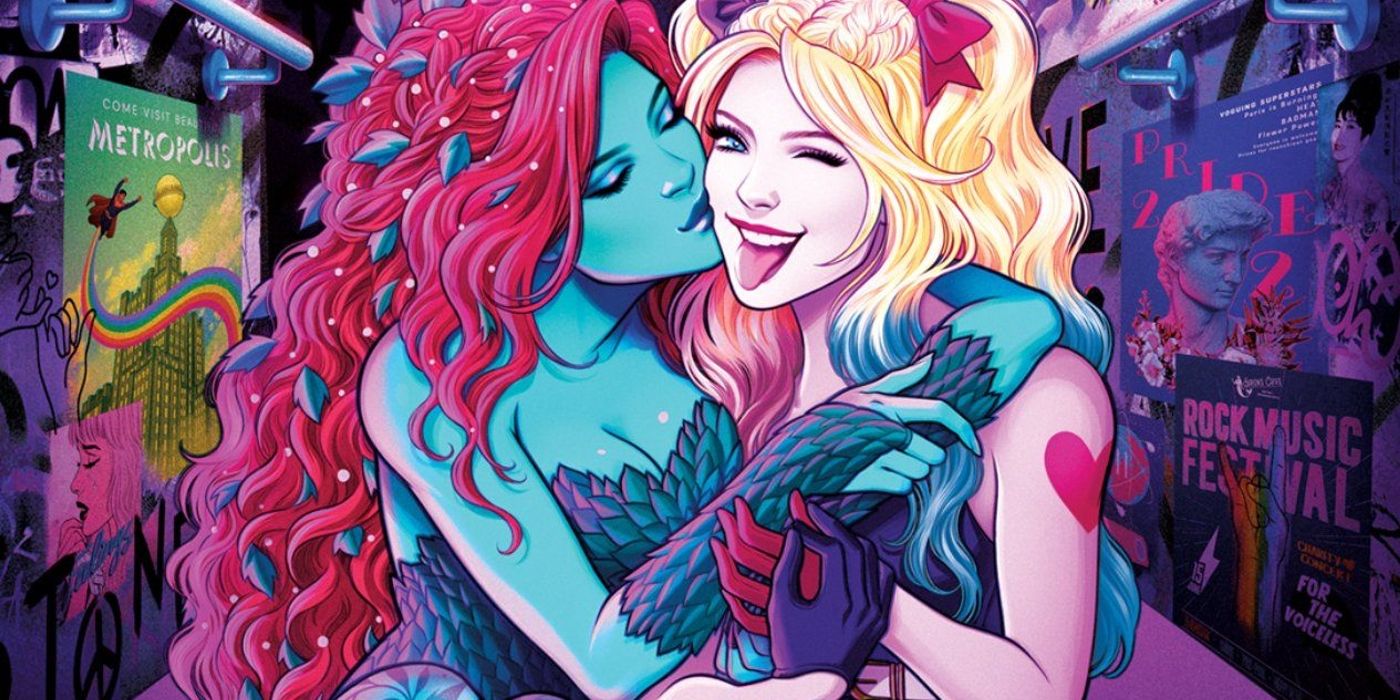 Poison Ivy kisses Harley Quinn's cheek. 