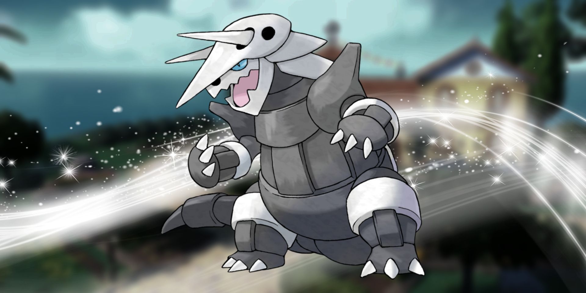 Pokemon's Aggron in the middle. Behind it is a white flowing and sparkling effect.