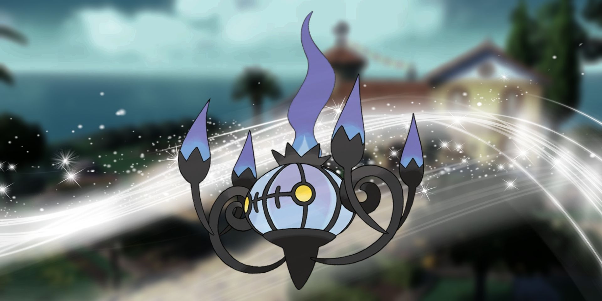 Pokemon's Chandelure in the middle. Behind it is a white flowing and sparkling effect.