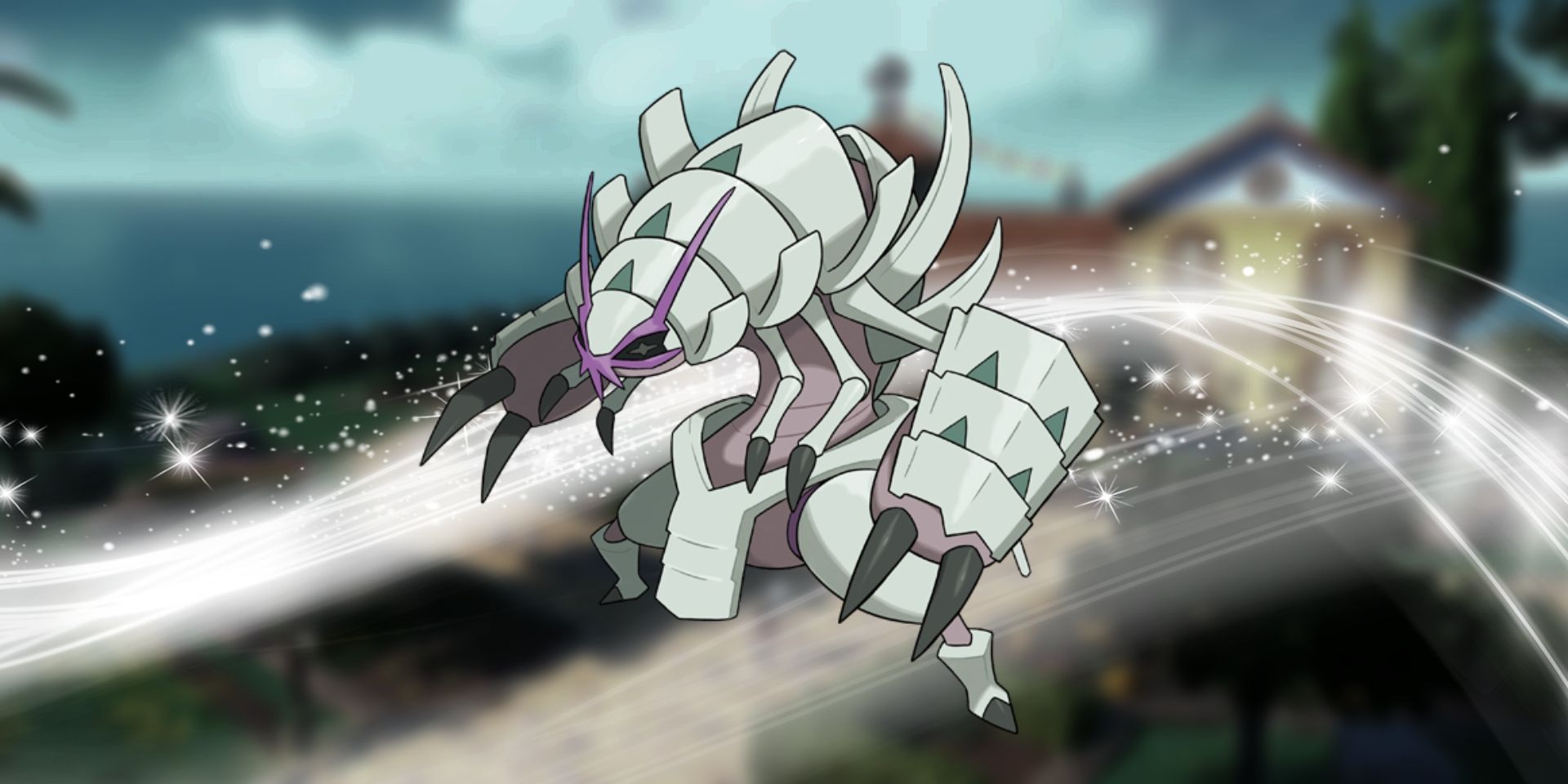 Pokemon's Golisopod in the middle. Behind it is a white flowing and sparkling effect.