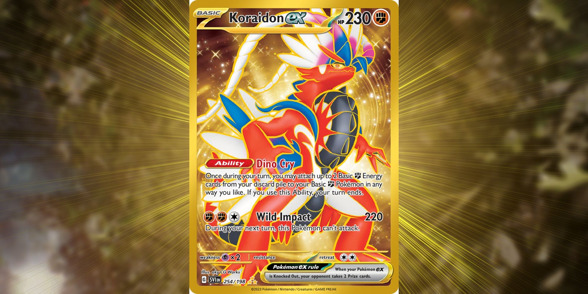 An image Pokemon TCG: Scarlet Violet&rsquo;s Koraidon ex Hyper Rare with a yellow backlight.