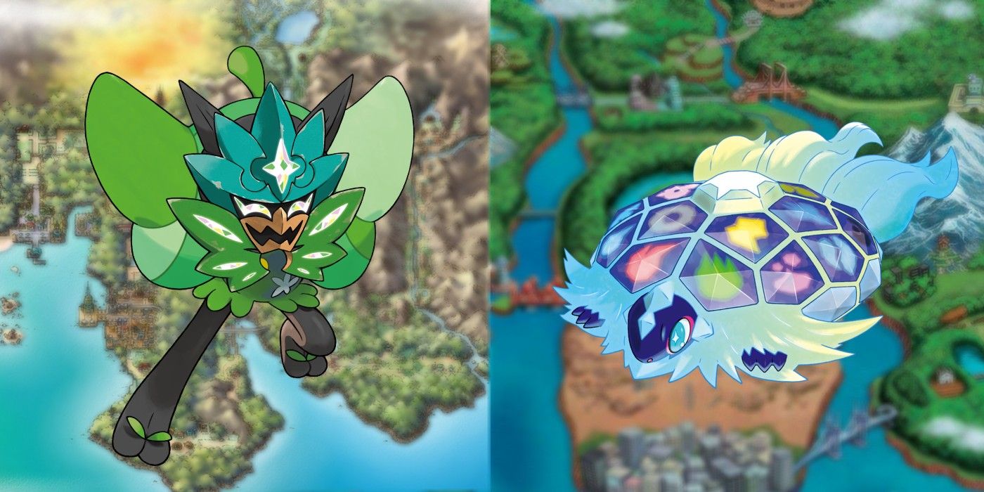 Pokémon Scarlet and Violet's Ogerpon and Terapagos against blurred maps of Johto and Unova.