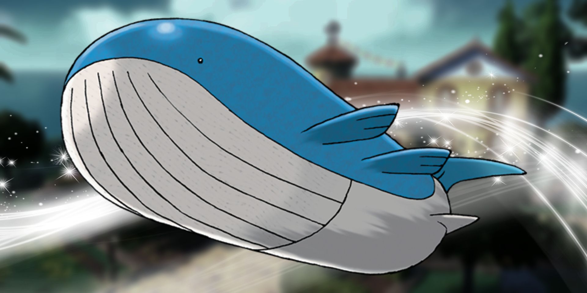 Pokemon's Wailord in the middle. Behind it is a white flowing and sparkling effect.
