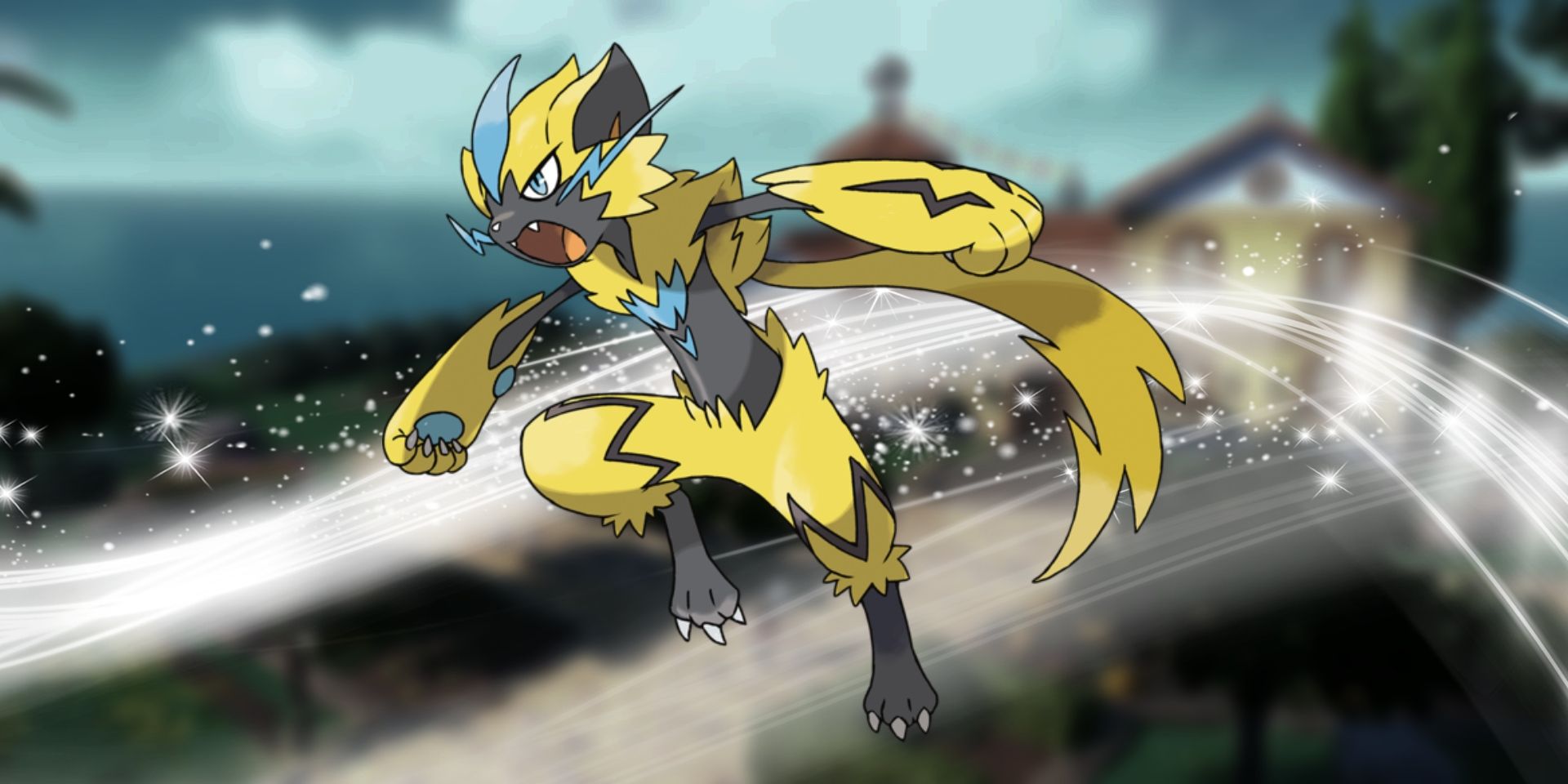 Pokemon's Zeraora in the middle. Behind it is a white flowing and sparkling effect.