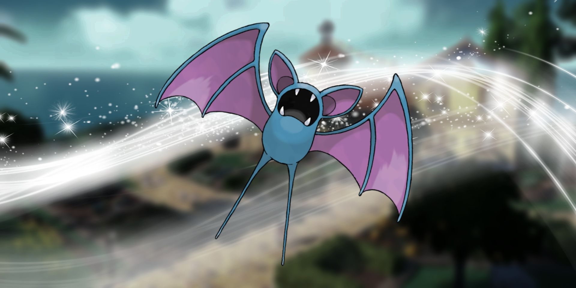 Pokemon's Zubat in the middle. Behind it is a white flowing and sparkling effect.
