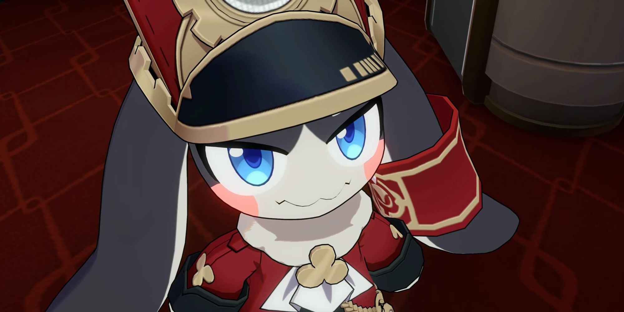 Rabbit-like character Pom-Pom, the conductor of the Astral Express in Honkai: Star Rail in an appropriate red uniform.