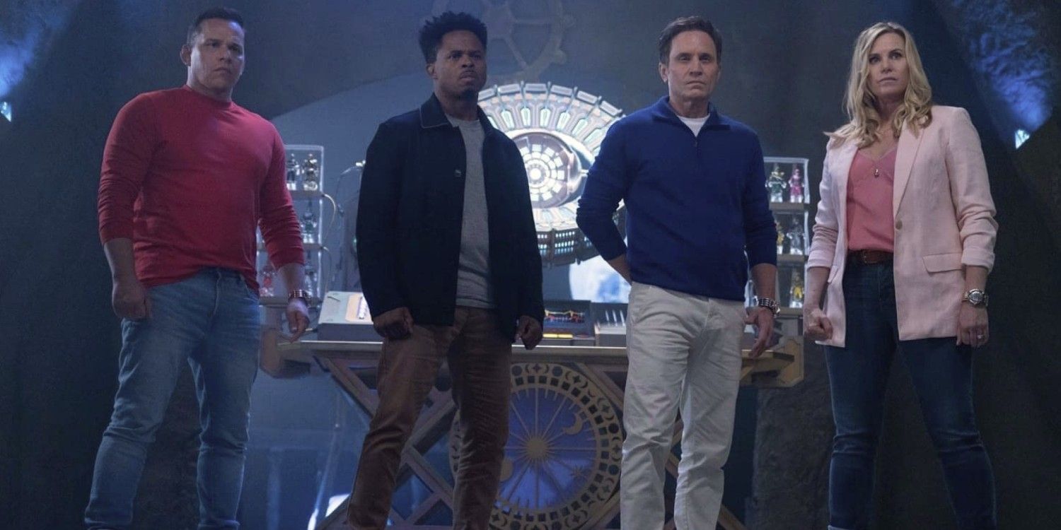 Rocky, Zack, Billy, and Kat in Rita&rsquo;s castle in Power Rangers Once Always