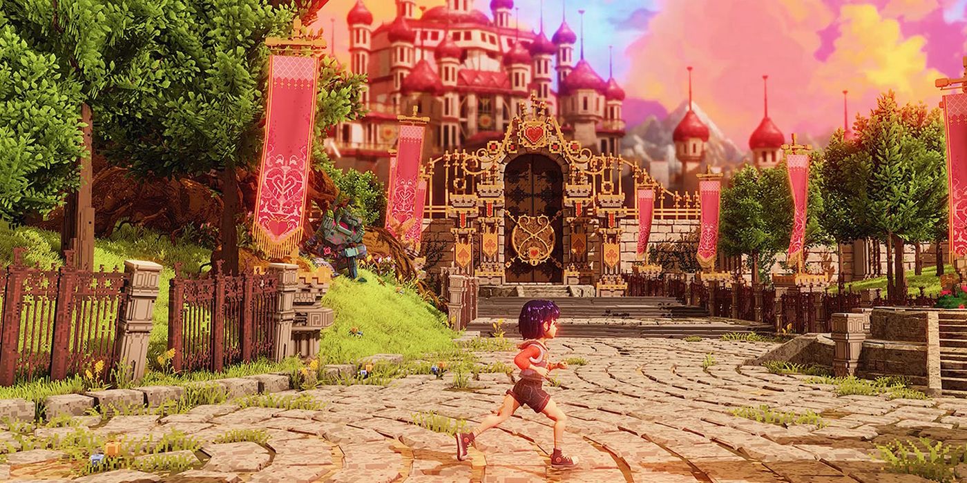 Ravenlok, menampilkan Kira berlari di jalan batu di depan kastil raksasa dengan hati dan menara