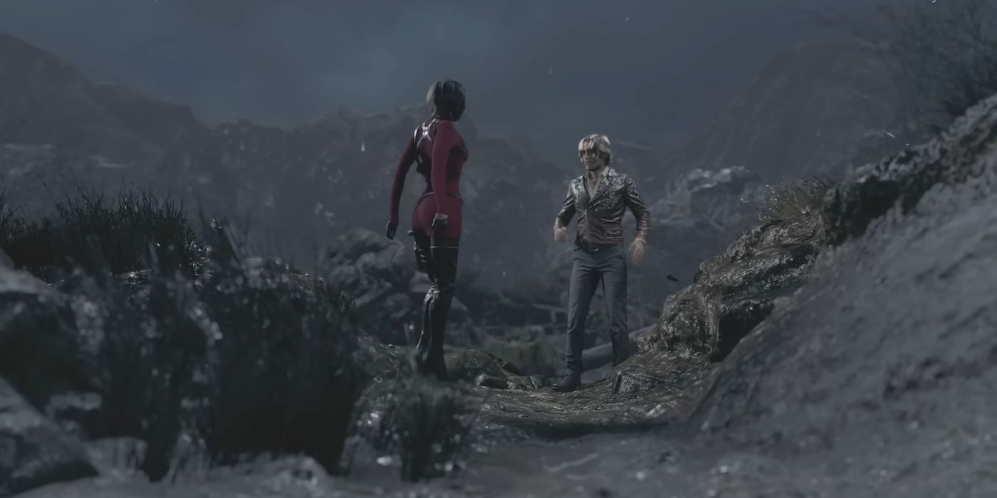 Luis Serra dan Ada Wong berdiri di atas tebing dalam remake Resident Evil 4