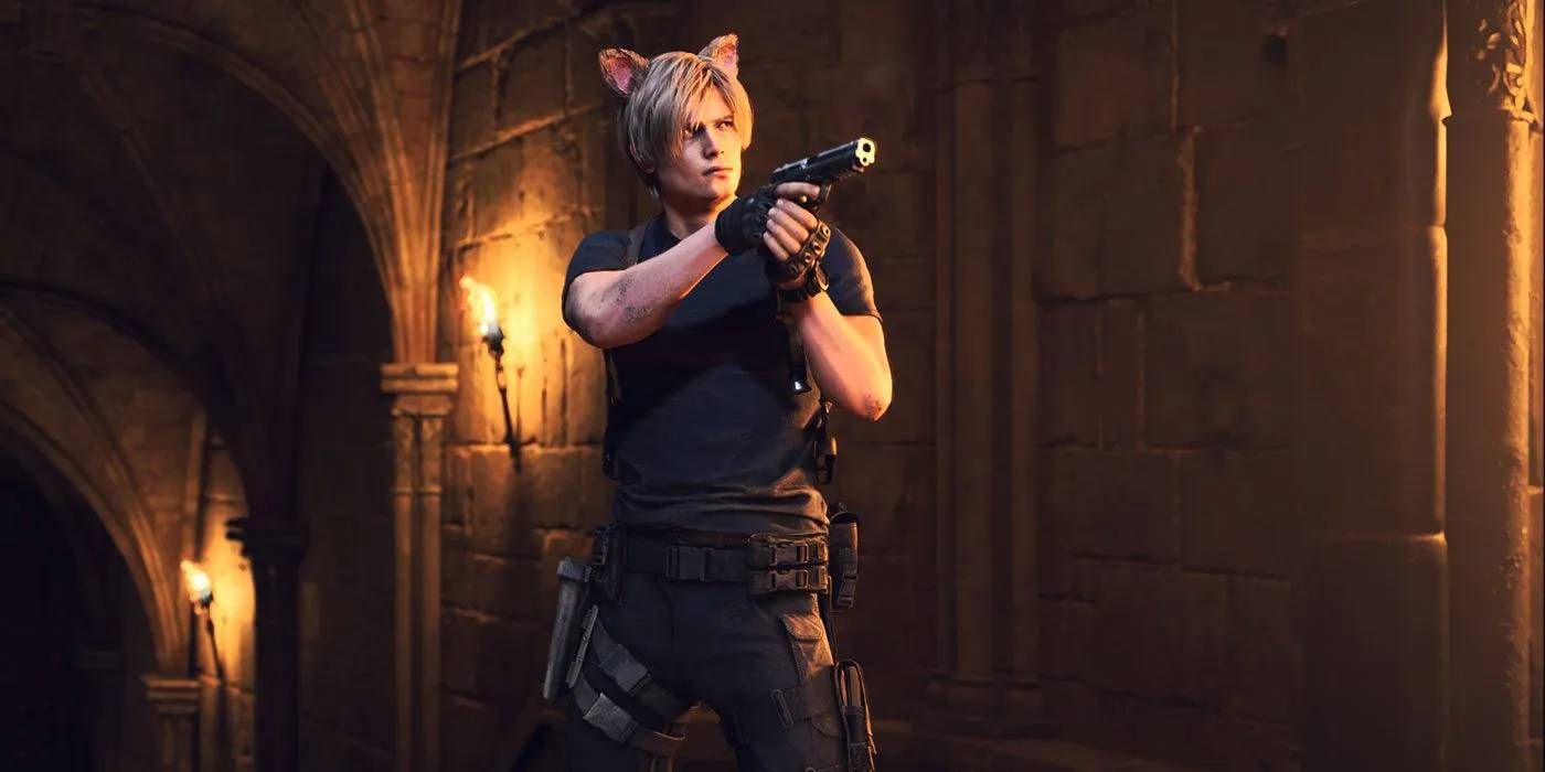 Resident Evil 4 Remake Cat Ears Accessory on Leon that Gives Infinite Ammo to Nearly Every Weapon