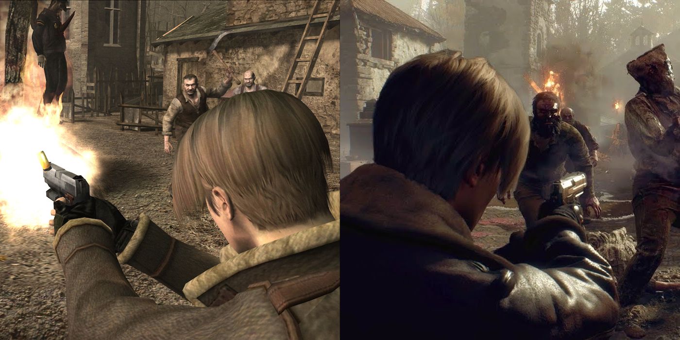 Leon fighting a horde of Ganados in the original RE4 and the remake.