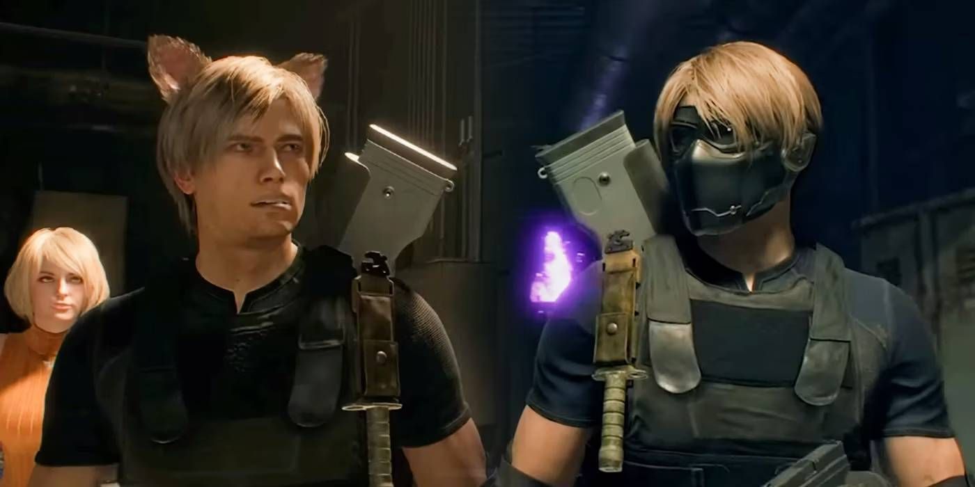 Resident Evil 4 Remake Leon portant des oreilles de chat et des accessoires de masque de crâne