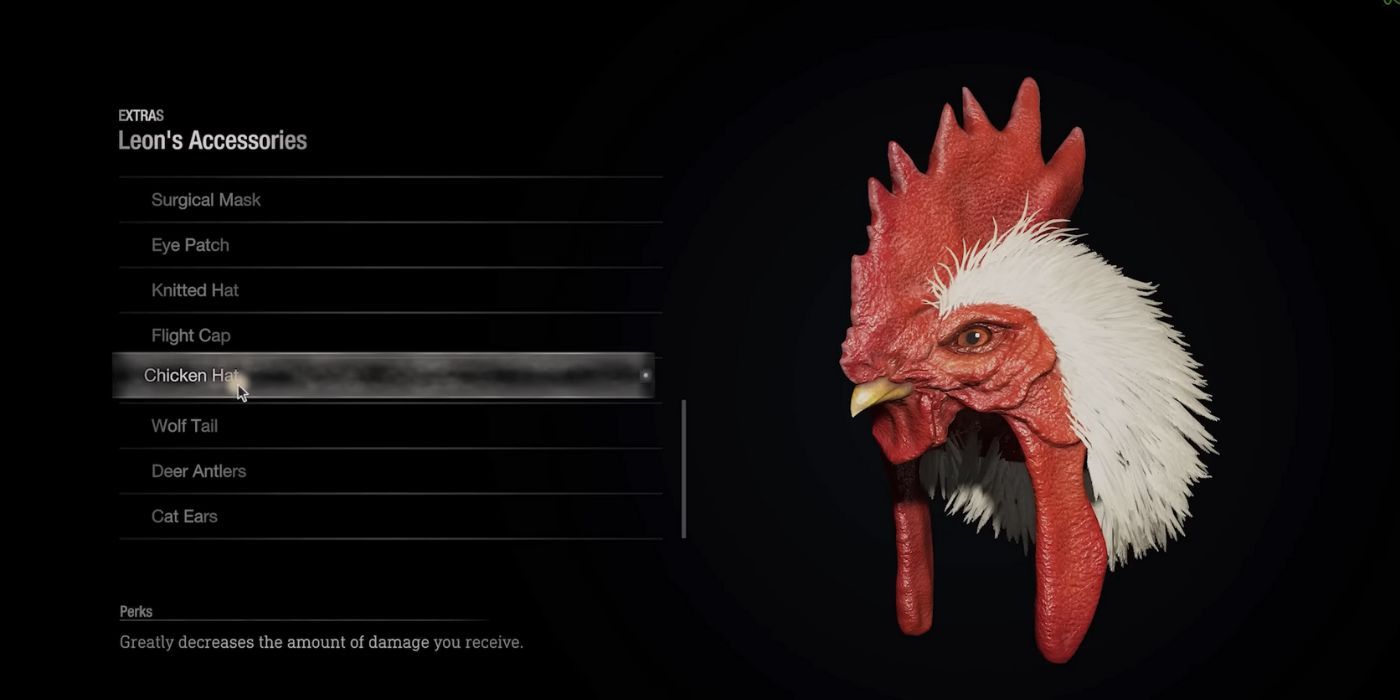An image of Leon's accessory menu showcasing the Chicken Hat in the RE4 remake.