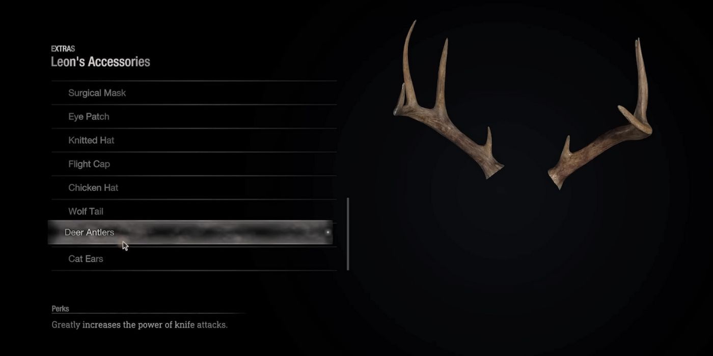 An image of Leon's accessory menu showcasing the Deer Antlers in the RE4 remake.