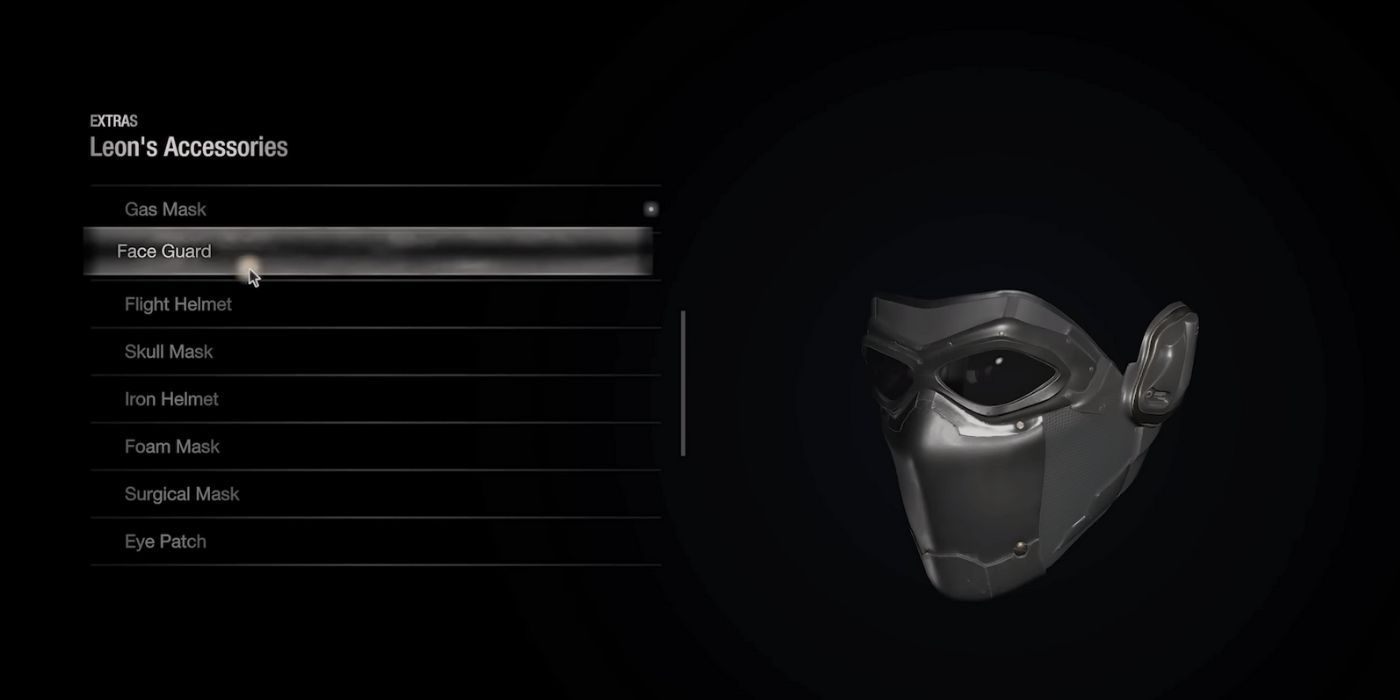 An image of Leon's accessory menu showcasing the Face Guard in the RE4 remake.