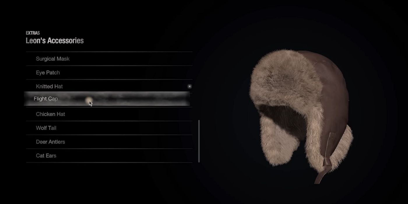 An image of Leon's accessory menu highlighting the Flight Cap in the RE4 Remake.