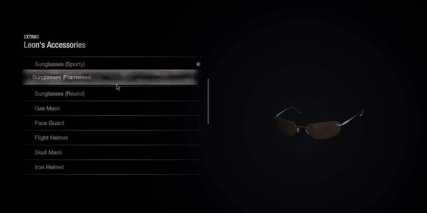 An image of Leon's accessory menu showcasing frameless sunglasses in the RE4 remake.
