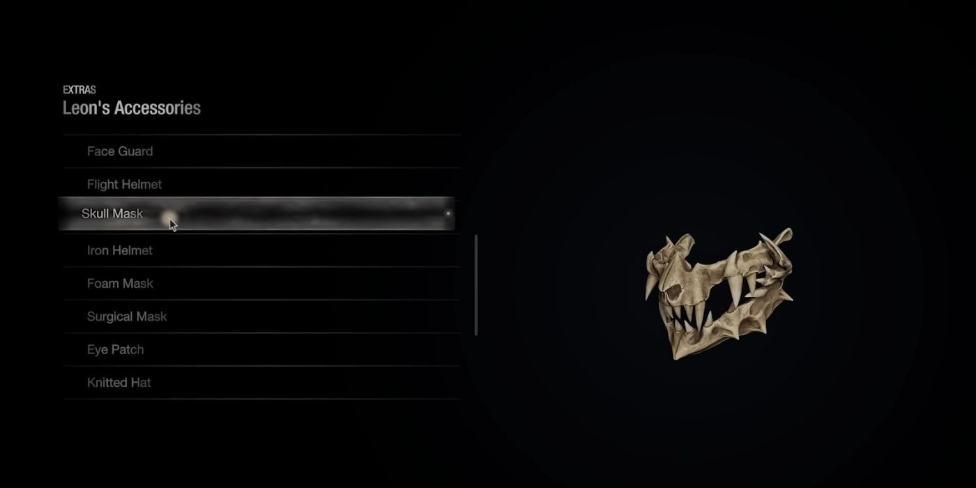 An image of Leon's accessory menu highlighting the Skull Mask in the RE4 remake.