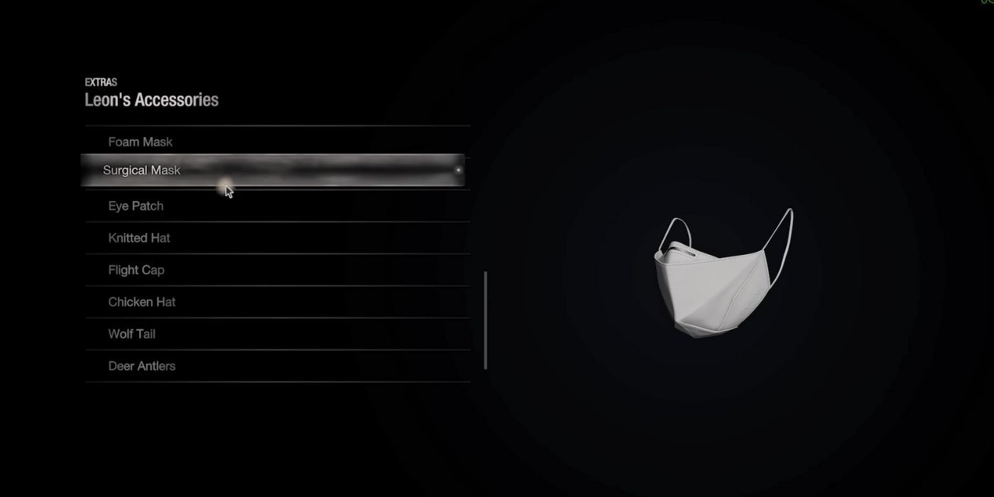 An image of Leon's accessory menu showcasing the Surgical Mask in the RE4 remake.