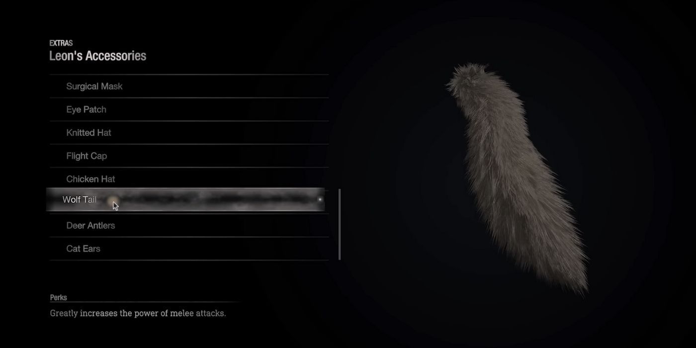 An image of Leon's accessory menu highlighting the wolf tail in the RE4 remake.