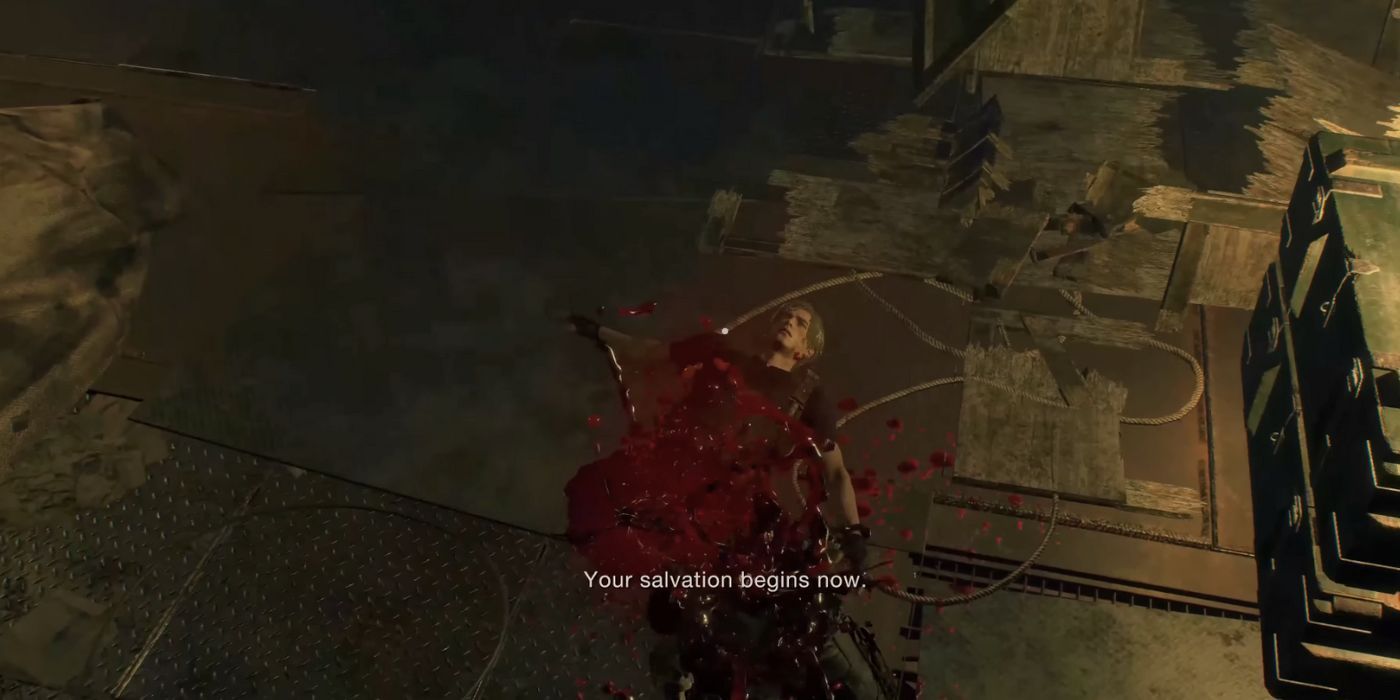 Tubuh dan bagian atas Leon yang terpotong-potong tergeletak di tanah sementara kakinya jatuh keluar dari bingkai di Resident Evil 4.