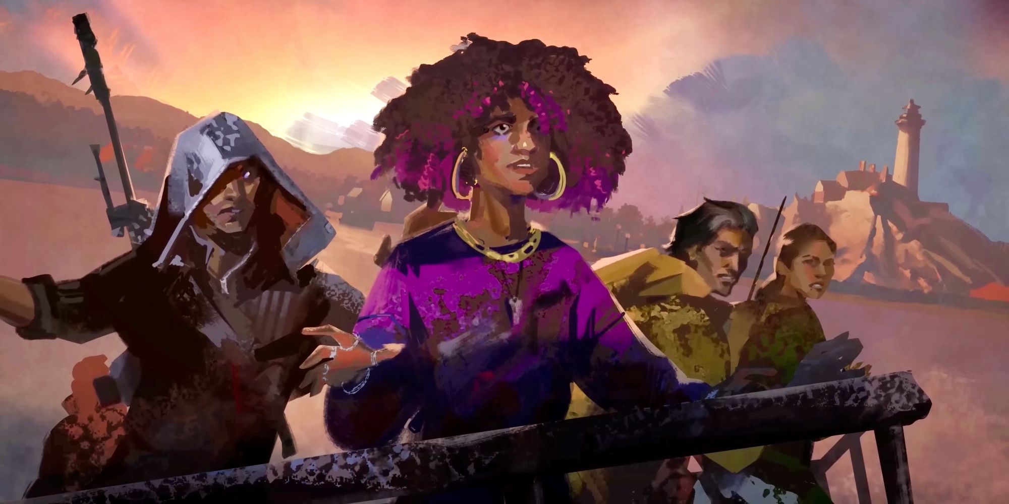 Artwork of Redfall's four main characters in front of a landscape showing the titular town.
