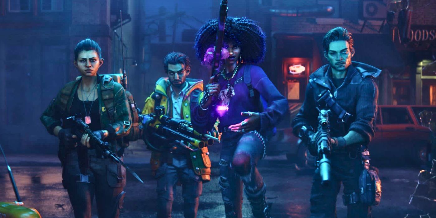 Los cuatro personajes principales de Redfall caminando por una calle nocturna con sus armas listas.