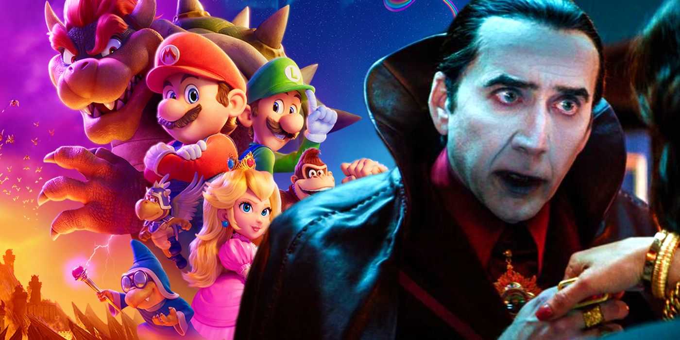 Nicolas Cage as Dracula in Redfield next to The Super Mario Bros. Movie poster