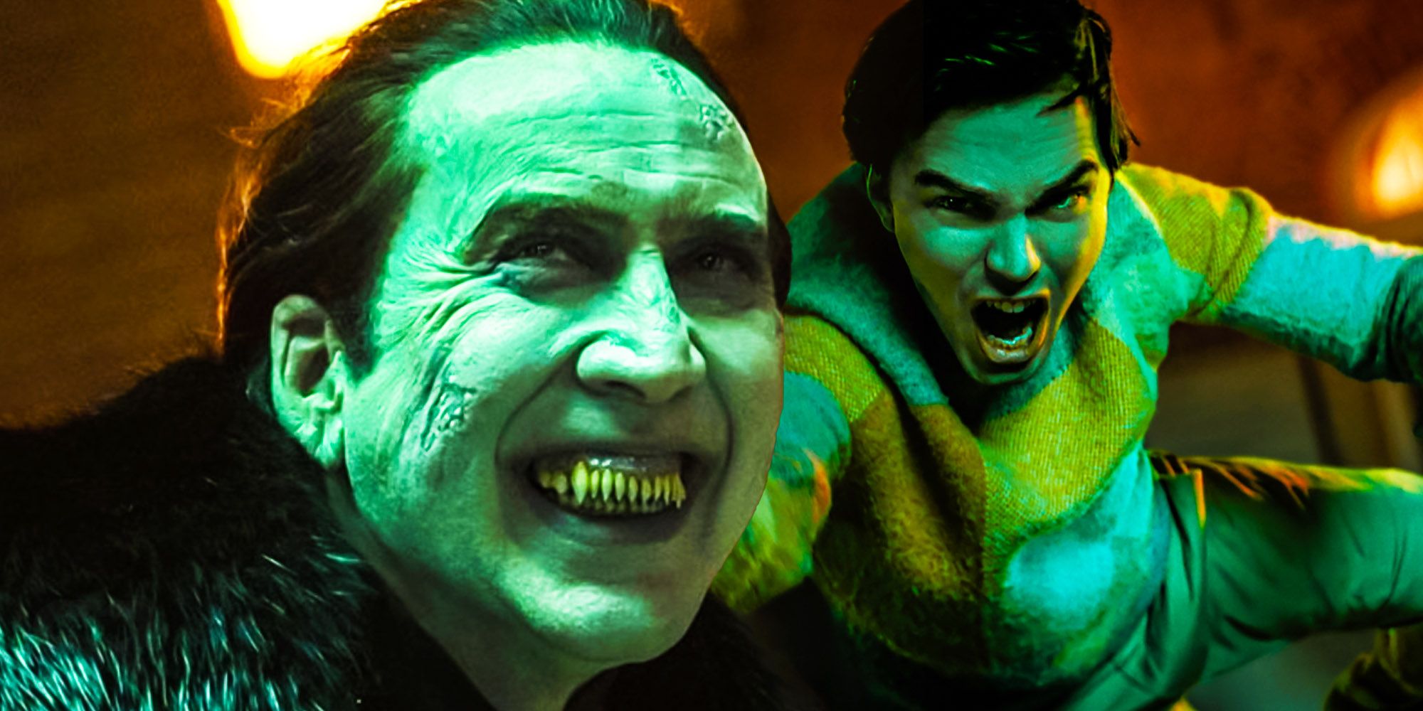 Dracula smiling while Renfield screams in blended image