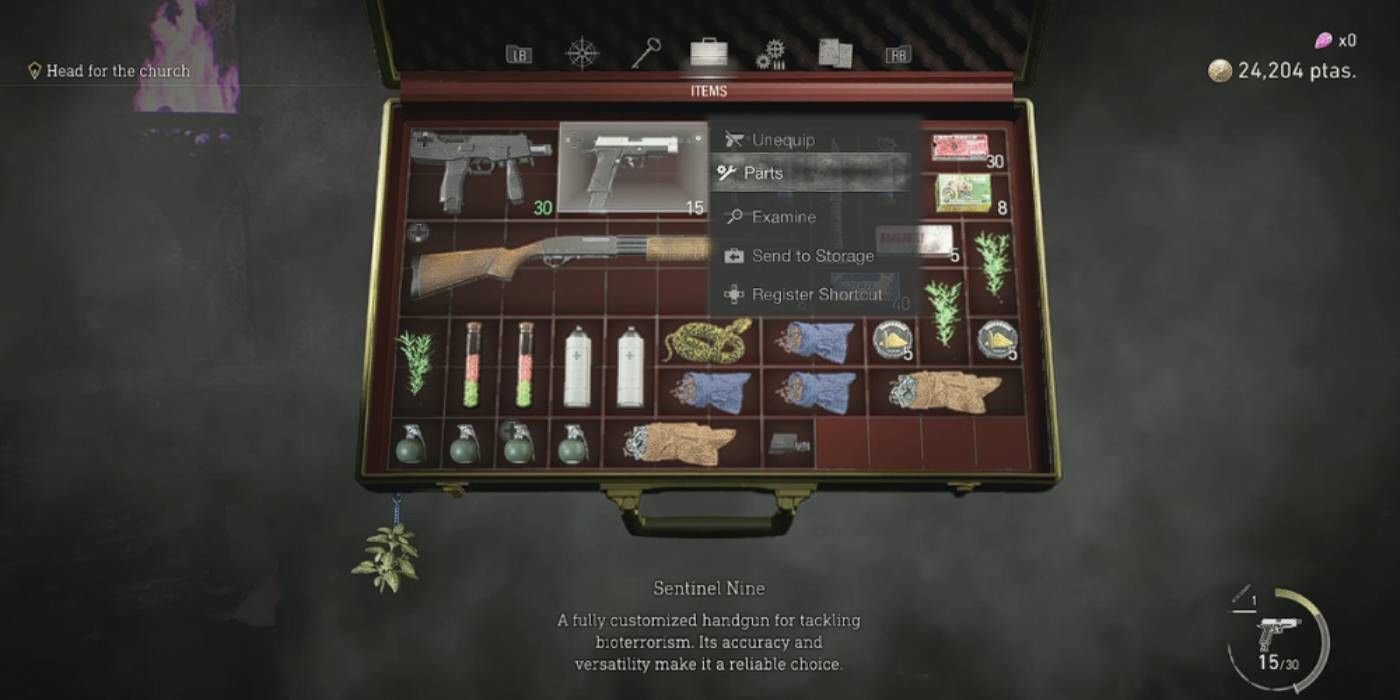 Resident Evil 4 Replay Items Inventory Selection of parts to equip weapon accessories for certain weapons