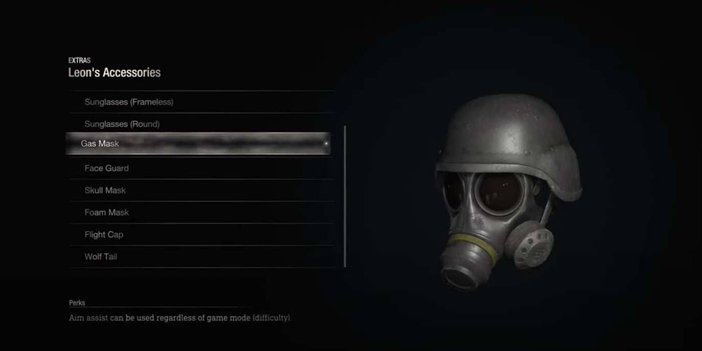 Resident Evil 4 Remake Gas Mask from Leon's Accessories in Extras Tab from Pause or Main Menu