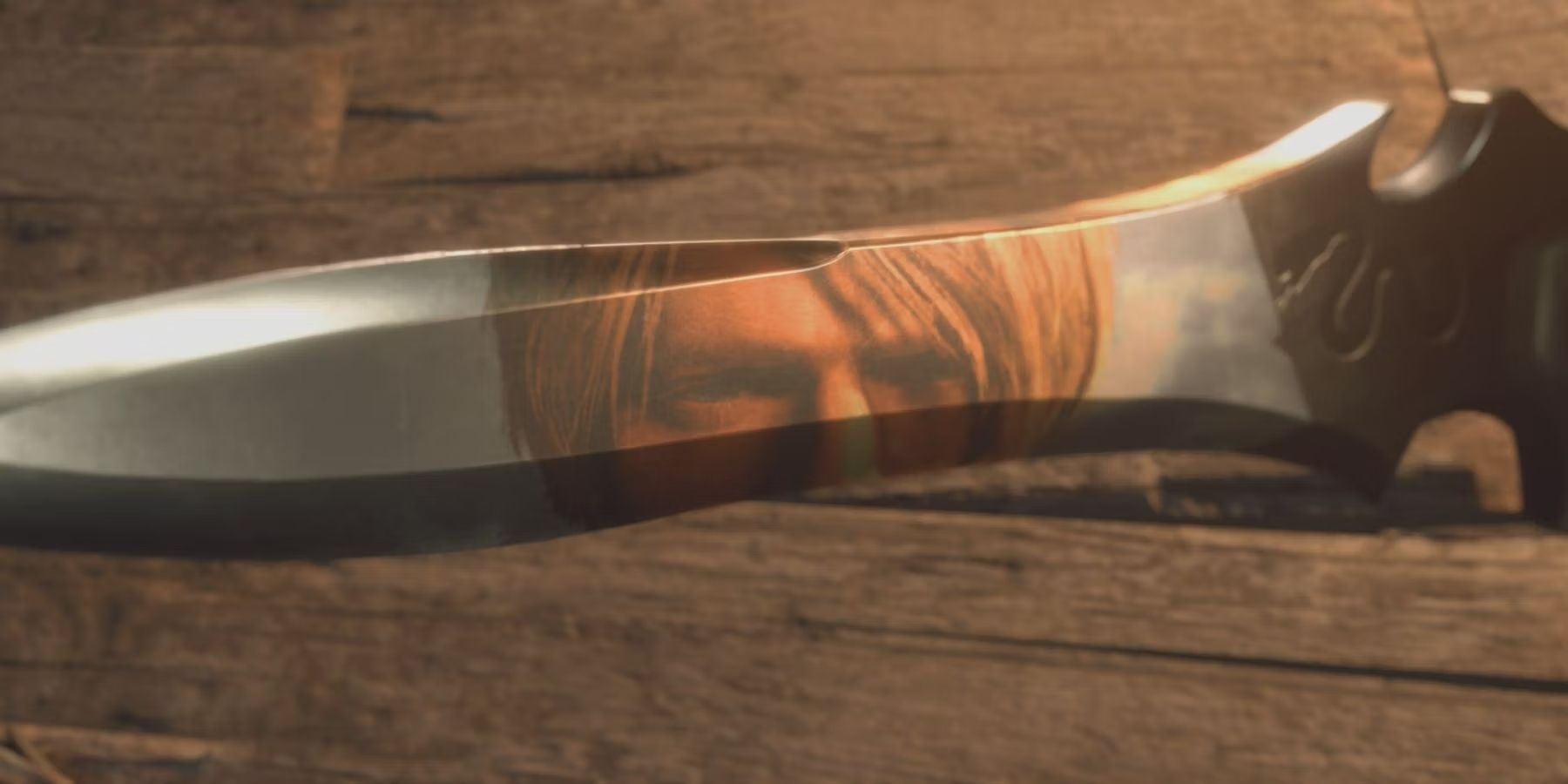 Leon from Resident Evil 4 Remake looks at his reflection in the fighting knife