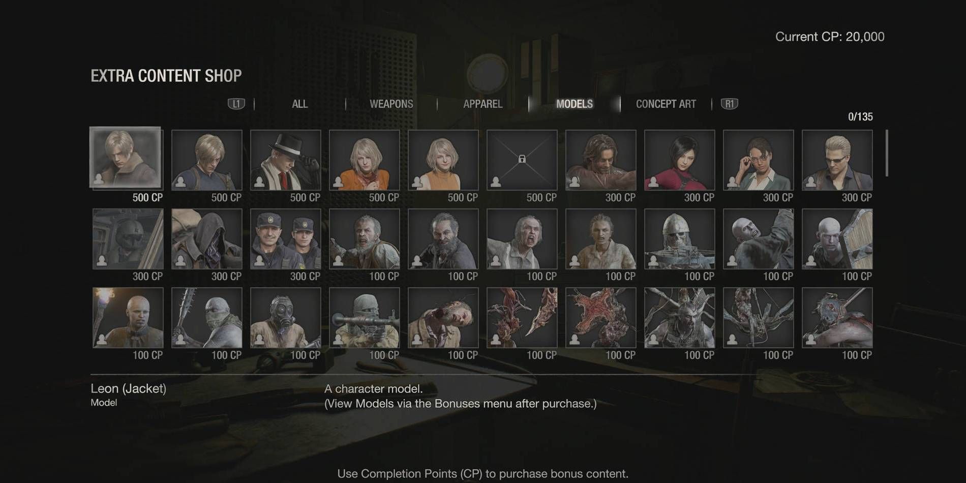 Resident Evil 4 Remake Extra Content Shop with Extra Weapons, Accessories, and Costumes to Purchase with Completion Points (CP)