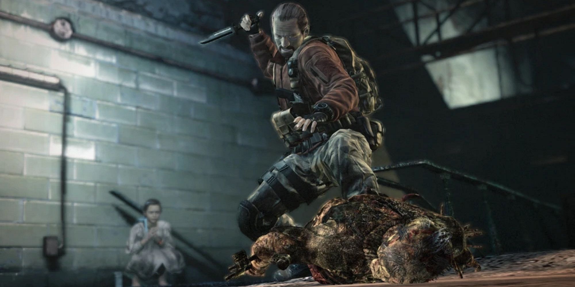 Barry finishes an enemy with his knife in Resident Evil Revelations 2 while Natalia hides behind him