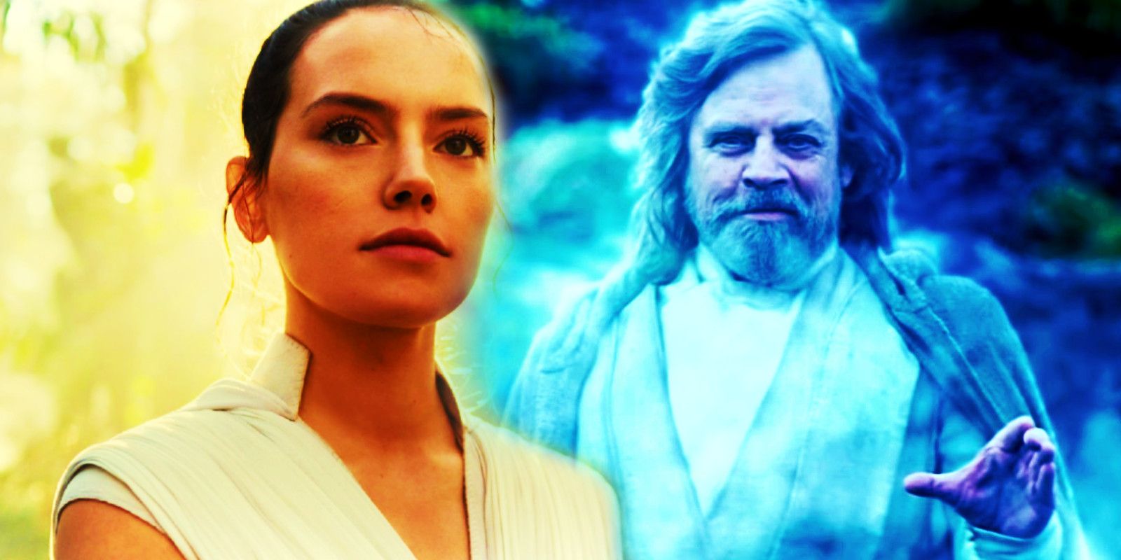 Daisy Ridley as Rey and Mark Hamill as Luke Skywalker (Force ghost) in Rise of Skywalker 