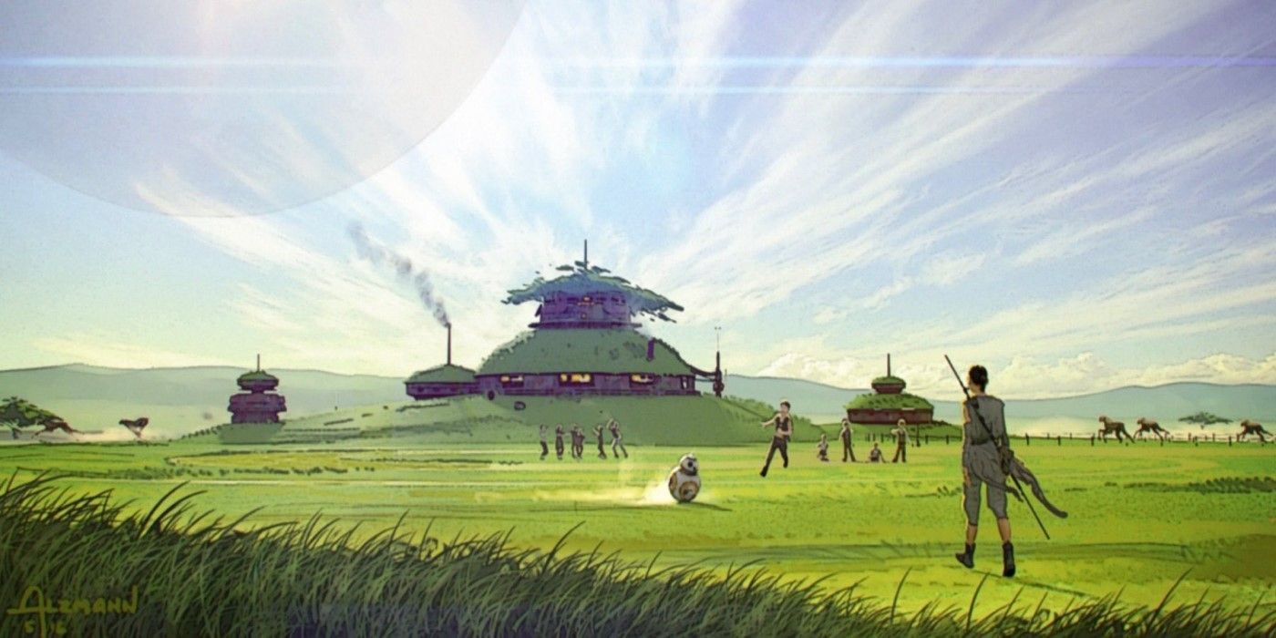 Rey returns to train the new generation of Jedi at a lush green temple in concept art for Star Wars: Episode IX - Duel of the Fates.