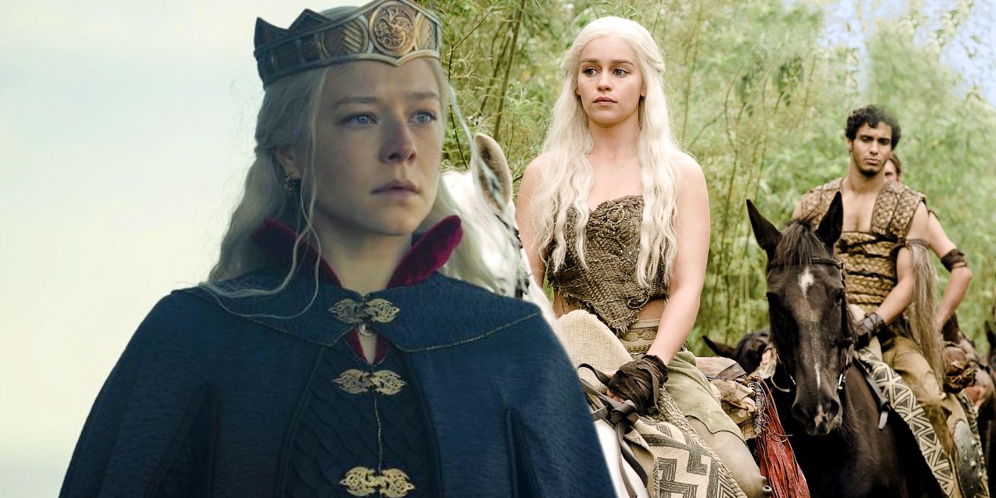 Custom image of Rhaenyra in House of the Dragon and Daenerys in Game of Thrones.