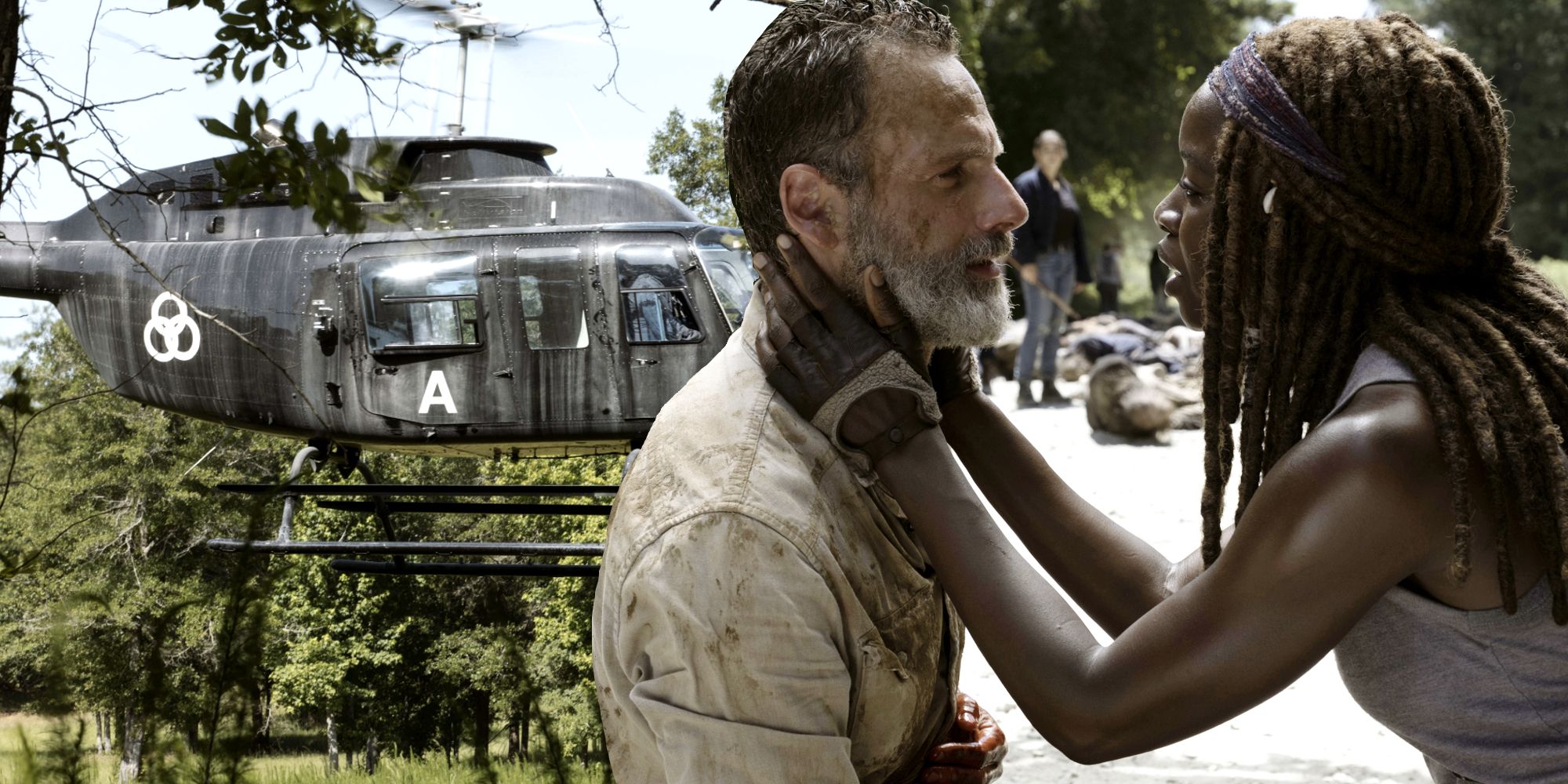Michonne holding Rick's face next to a CRM Helicopter in The Walking Dead