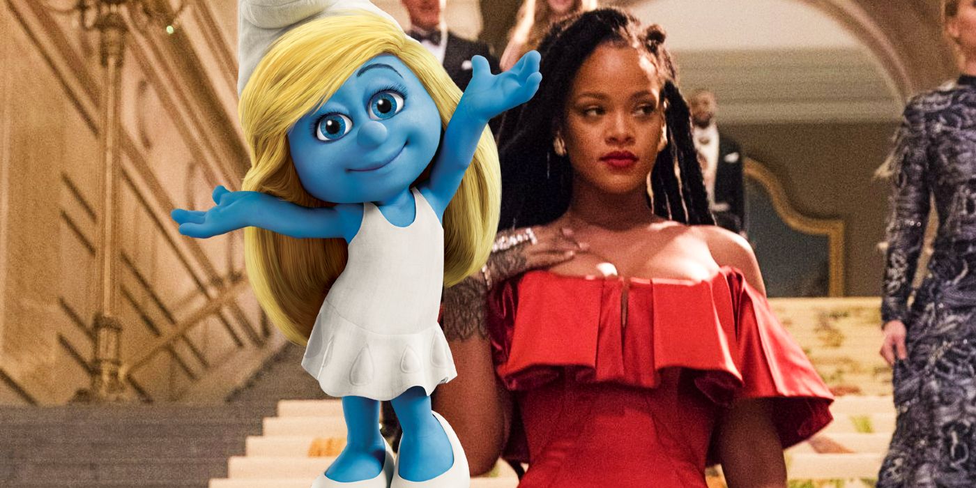 Rihanna as Nine Ball walking into Met Gala in Ocean's 8 with Smurfette in front of her