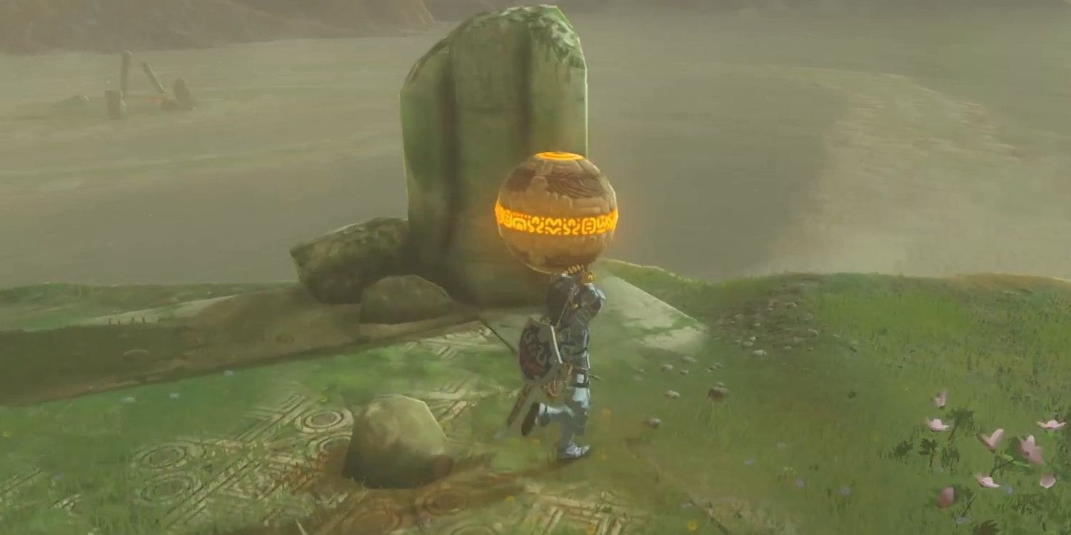 Link membawa bola oranye bercahaya melintasi semenanjung sempit di misi sampingan Breath of the Wild's Into the Vortex