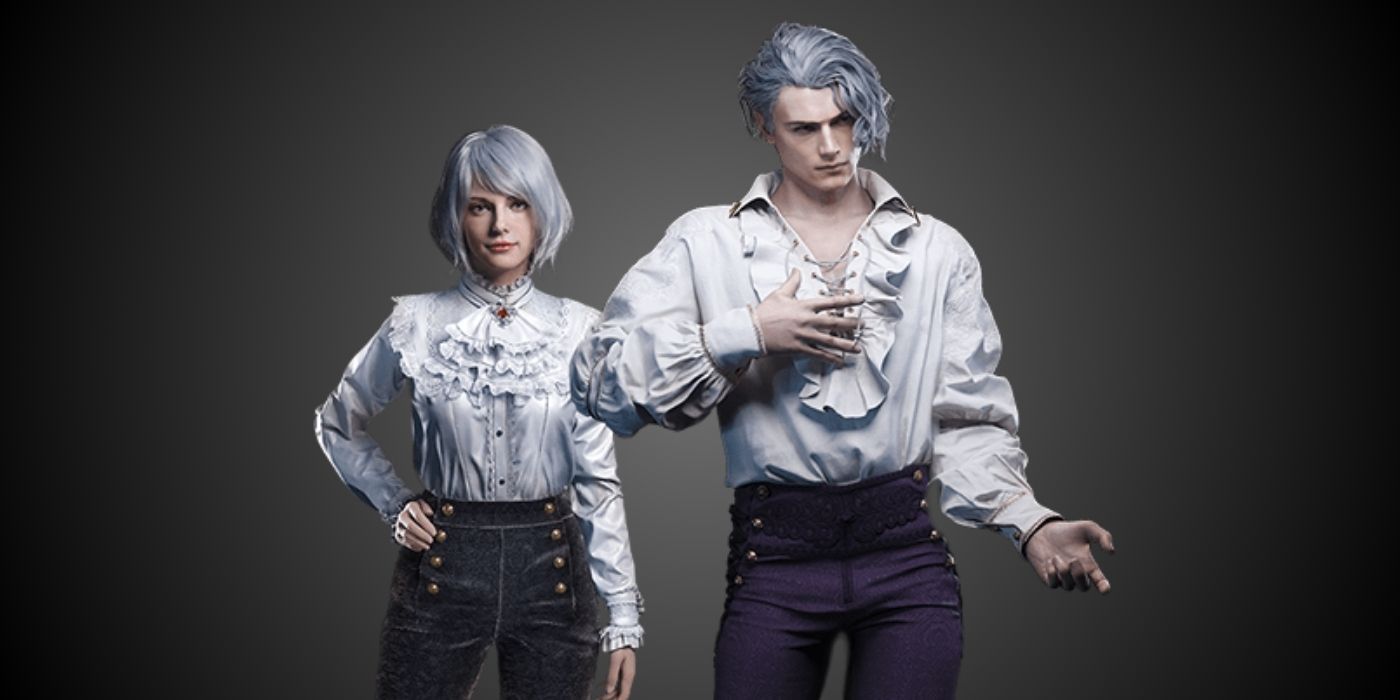 Ashley and Leon wearing the Romantic costume against a black and grey gradient background in the RE4 Remake.
