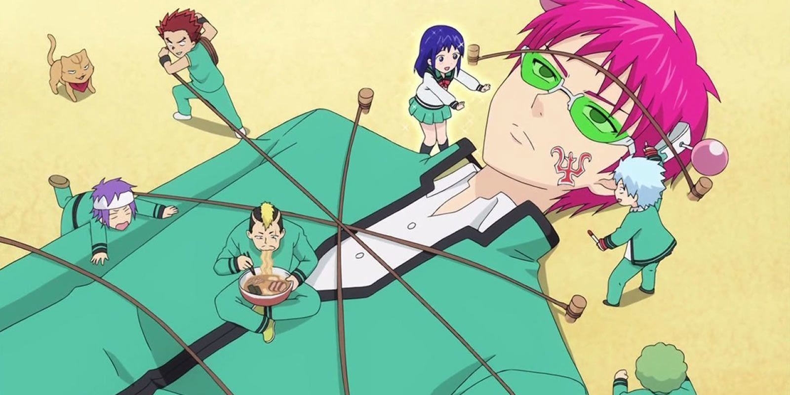 saiki k anime visual showing a Gulliver's travel parody of Saiki tied down with his classmates around him