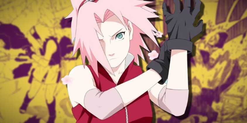 Sakura putting her gloves on in Naruto