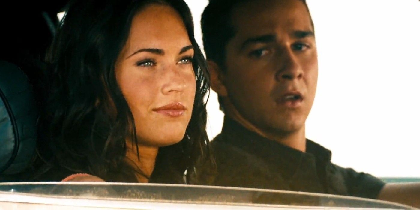 Sam Witwicky (Shia Labeouf) and girlfriend (Megan Fox) riding in Bumblebee In Transformers.