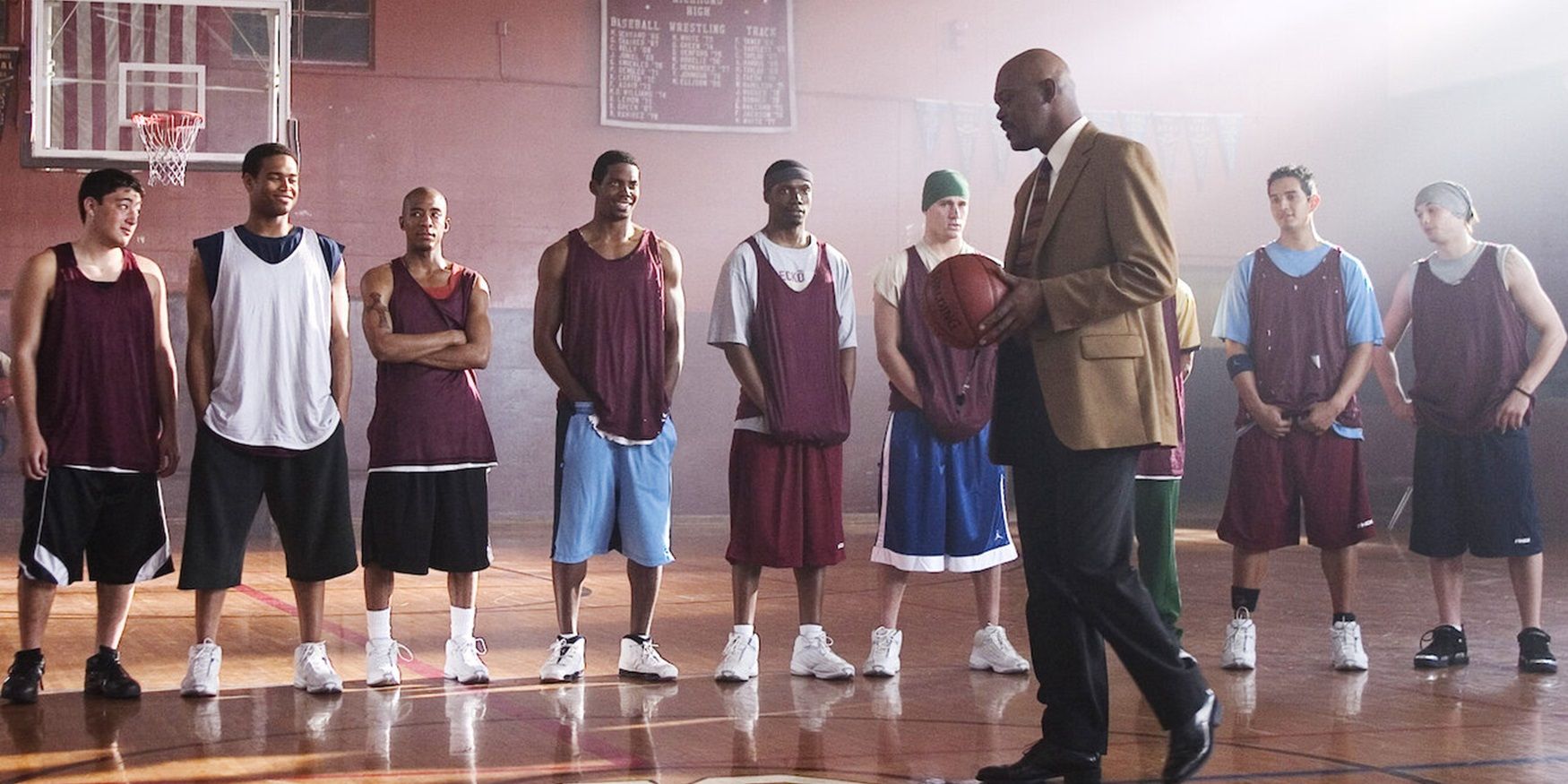 Samuel L Jackson on a basketball court in Coach Carter