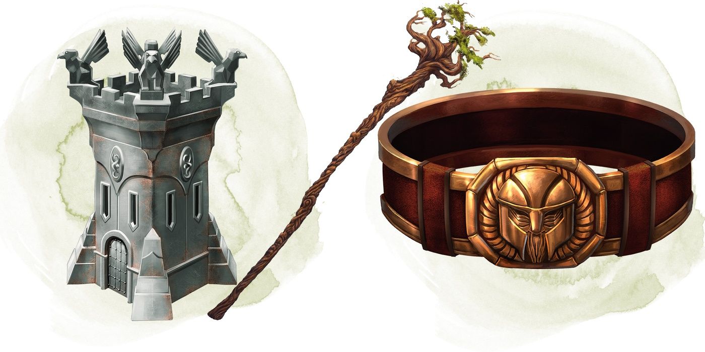 Artwork showing an Instant Fortress and Belt of Dwarvenkind with the Staff of the Woodland in the middle