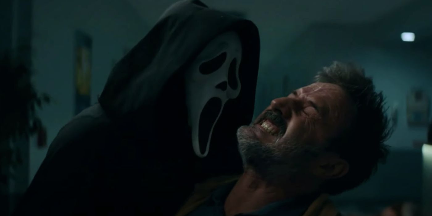 Screencap from Scream (2022) showing Ghostface stabbing Dewey Riley in the front and back. Dewey grimaces in pain while the masked killer leans in.