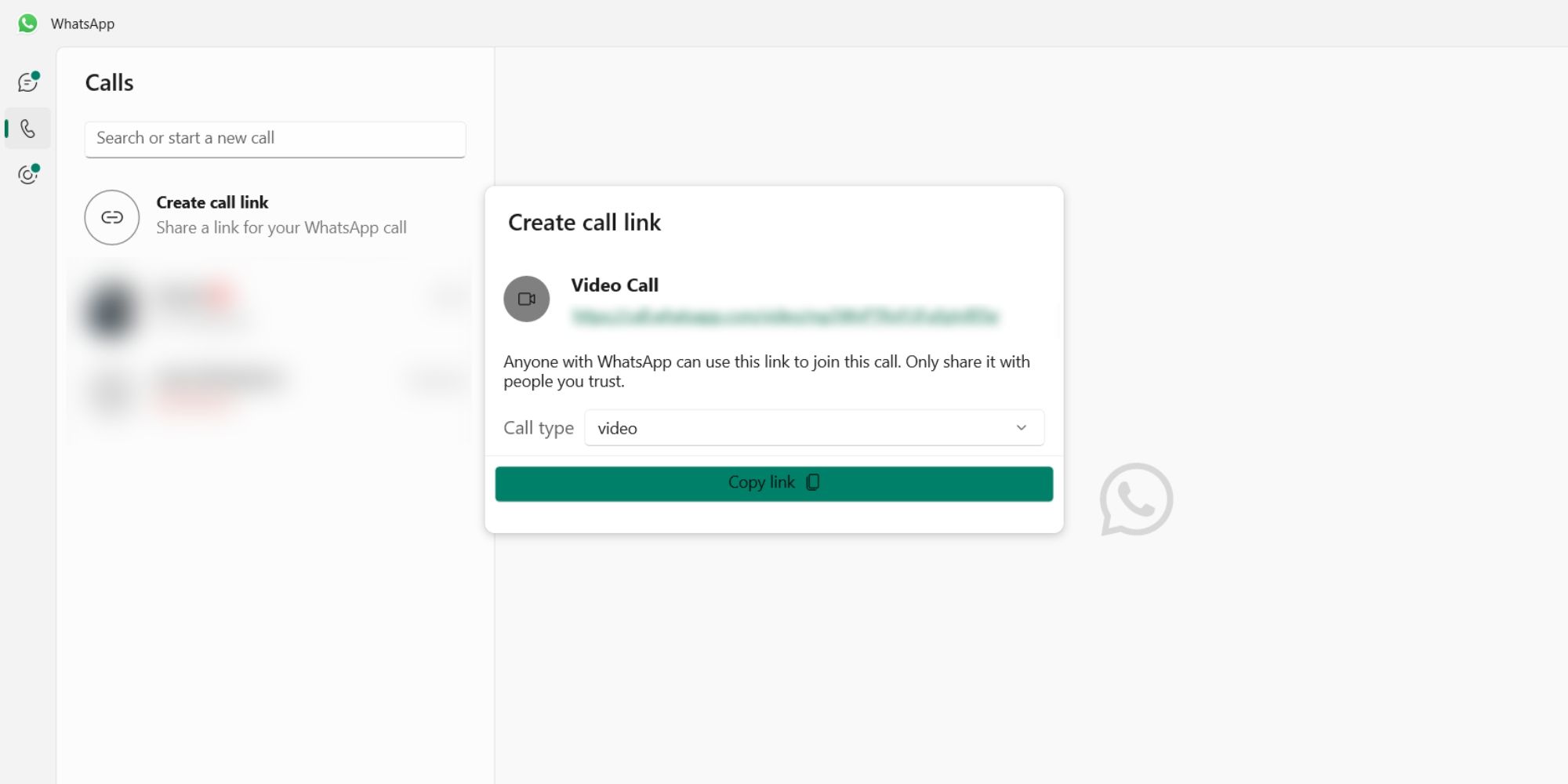 tangkapan layar opsi panggilan video di WhatsApp untuk windows