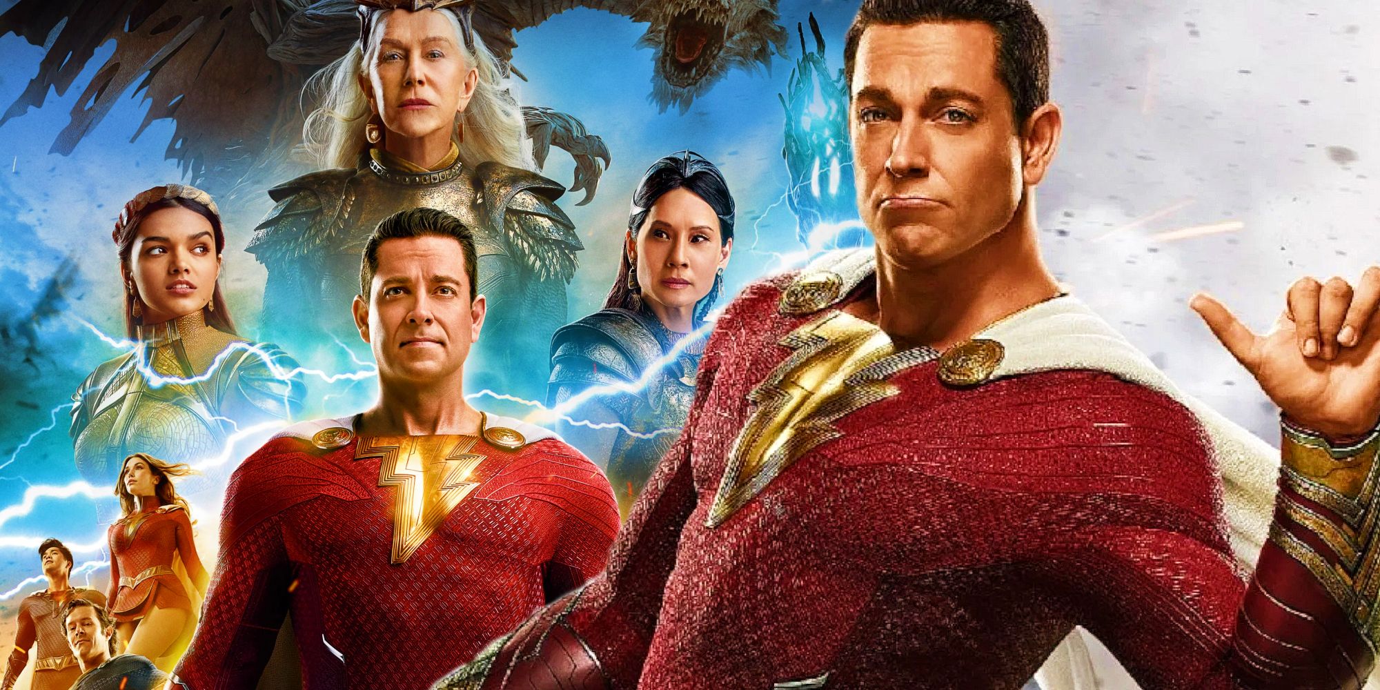 The poster for Shazam! Fury of the Gods next to Zachary Levi as Shazam doing the shaka hand sign